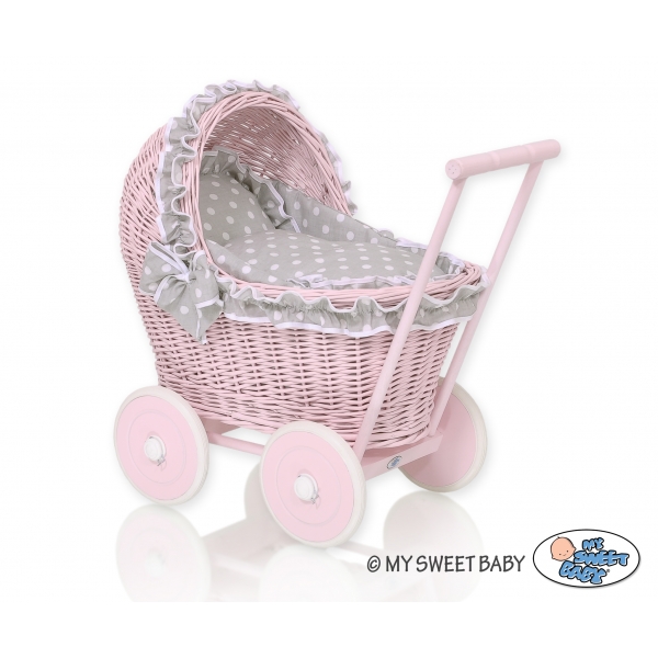 Puppenwagen Rosa Weide Bettwäsche Grau mit Weiß Punktmuster nr 81702-583
