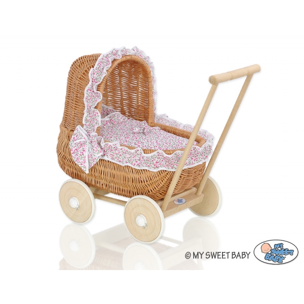 Puppenwagen Vintage Holz und Weide Bettwäsche rosa Blümchen nr 1701-533