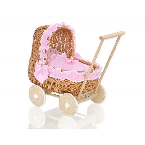 Puppenwagen Vintage Holz und Weide Bettwäsche Rosa Weiß-Punktemuster nr 1701-530