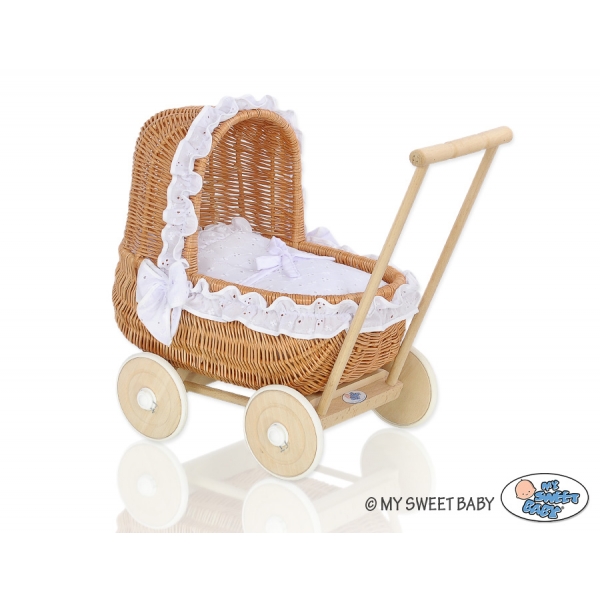 Puppenwagen Vintage Holz und Weide Weiß mit Stickerei nr 1701-906