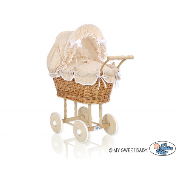 Puppenwagen Weide Bettwäsche Beige mit Weiß Punktmuster nr 1699-529