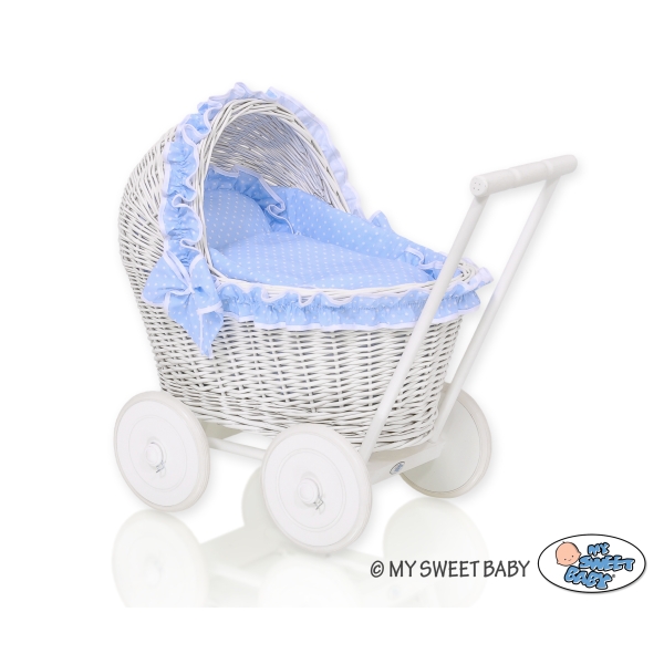 Puppenwagen Weide Bettwäsche Blau mit Weiß Punktmuster nr 71702-588