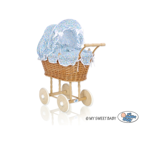 Puppenwagen Weide Bettwäsche blaue Blümchen nr 1699-532