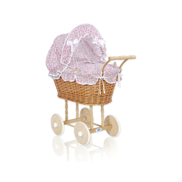 Puppenwagen Natur Weidenkorb  Bettwäsche rosa Blümchen nr 1699-533