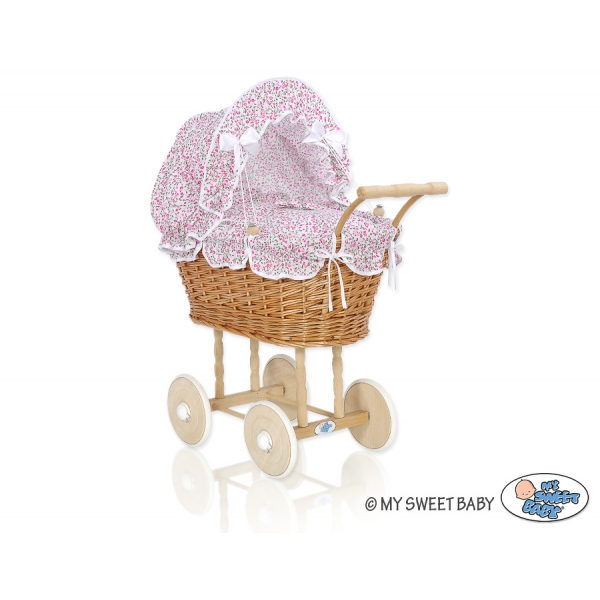 Puppenwagen Natur Weidenkorb  Bettwäsche rosa Blümchen nr 1699-533