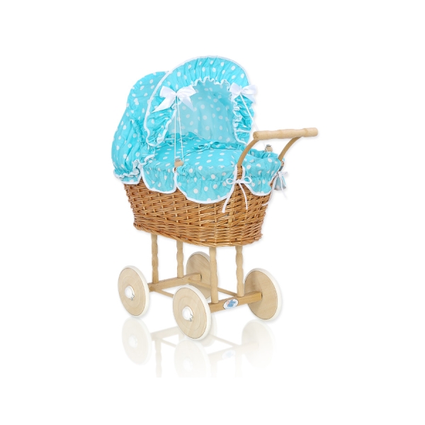 Puppenwagen Natur Weidenkorb  Bettwäsche  Türkis-Punktmuster nr 1699-552