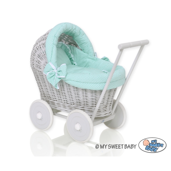 Puppenwagen Weide Grau Bettwäsche Minze Punktmuster nr 61703-1034