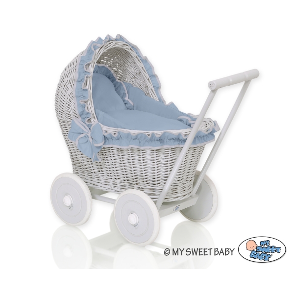 Puppenwagen Weide Grau pastellblau Bettwäsche