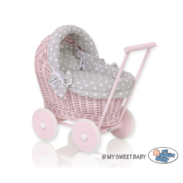 Puppenwagen Weide Rosa Bettwäsche Grau mit Weiß Punktmuster nr 81703-583