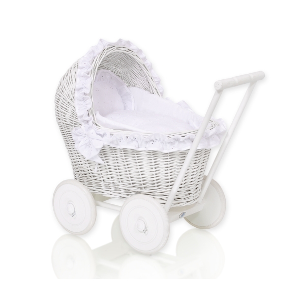 Puppenwagen Weide Weiß Bettwäsche Weiß mit Stickerei nr 71702-906