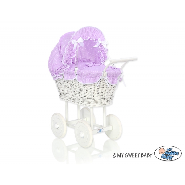 Retro Puppenwagen Weiße Weide Bettwäsche Lila mit Weiß Punktmuster nr 71699-534