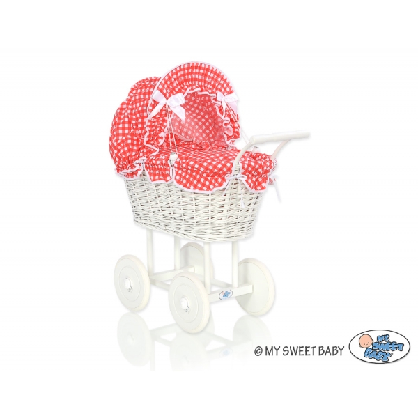 Retro Puppenwagen Weiße Weide Bettwäsche Rot Kariert nr 71699-385
