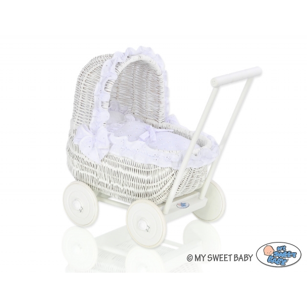 Retropuppenwagen aus echtem Holz und Weide Weiß Weiß mit Stickerei nr 71701-906