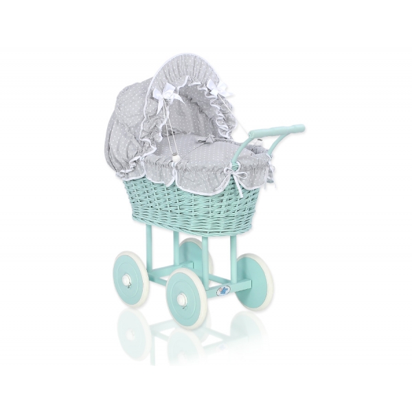 Retropuppenwagen Minze Weidengeflecht Bettwäsche Grau mit Weiß Punktmuster nr 21699-535