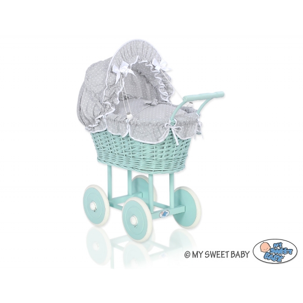Retropuppenwagen Minze Weidengeflecht Bettwäsche Grau mit Weiß Punktmuster nr 21699-535