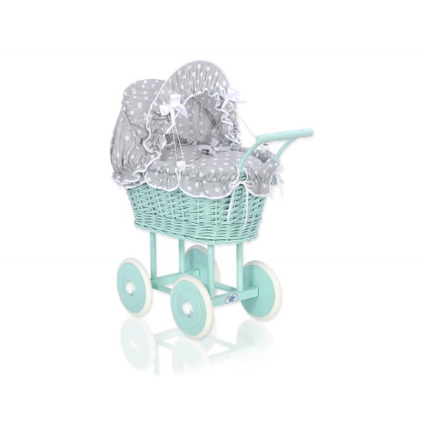 Retropuppenwagen Minze Weide mit Puppen Bettwäsche Grau mit Weiß Punktmuster nr 21699-583