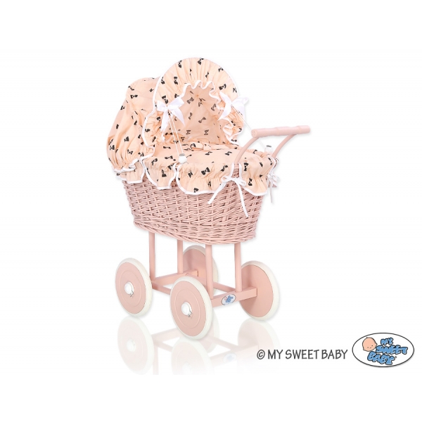 Retropuppenwagen Rattan Puderrosa Holz Bettwäsche Schleifenmuster nr 11699-762