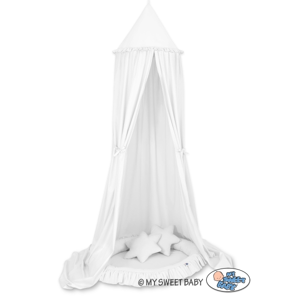 Set: Babyzimmer Betthimmel + Rüschennestchen + Kissen - weiß