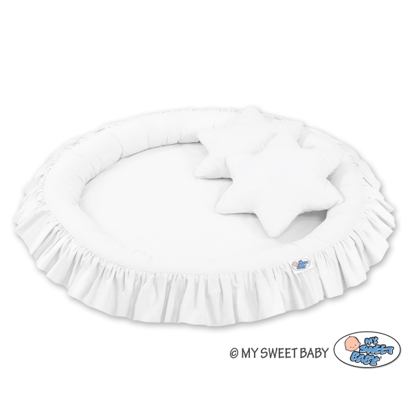 Set: Babyzimmer Betthimmel + Rüschennestchen + Kissen - weiß