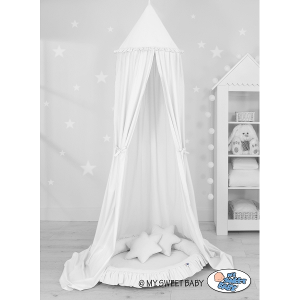 Set: Babyzimmer Betthimmel + Rüschennestchen + Kissen - weiß