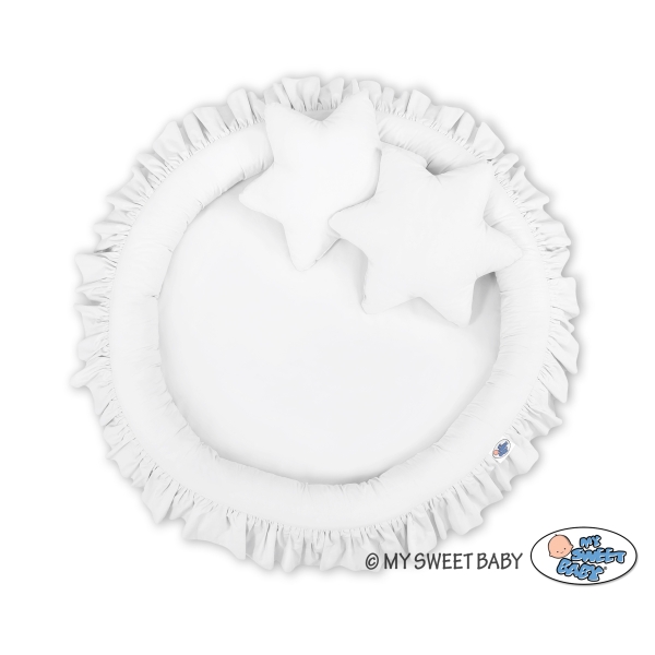 Set: Babyzimmer Betthimmel + Rüschennestchen + Kissen - weiß