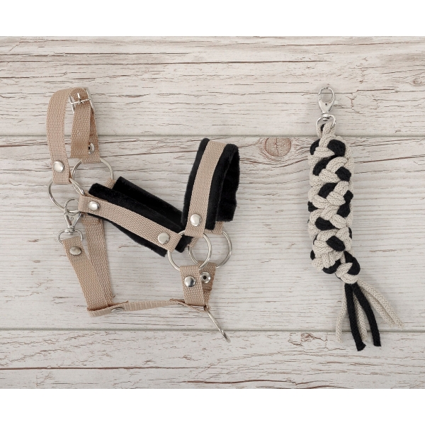 Set  für Steckenpferd: Halfter mit schwarzer Pelz mit Anbindestrick - schwarz-beige