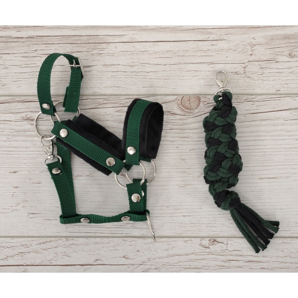 Set  für Steckenpferd: Halfter mit schwarzer Pelz mit Anbindestrick - schwarz-khaki