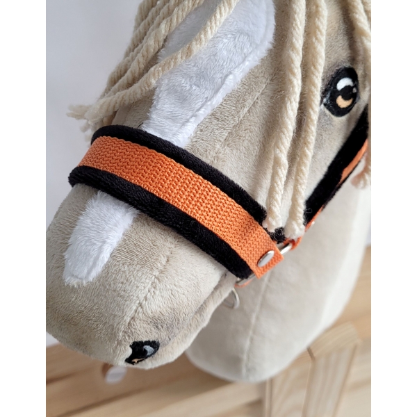 Set  für Steckenpferd: Halfter mit schwarzer Pelz mit Anbindestrick - schwarz-orange