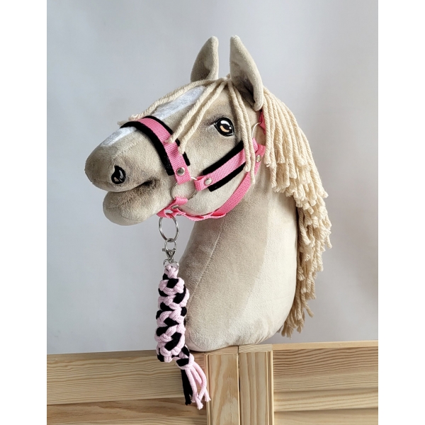 Set  für Steckenpferd: Halfter mit schwarzer Pelz mit Anbindestrick - schwarz-rosa