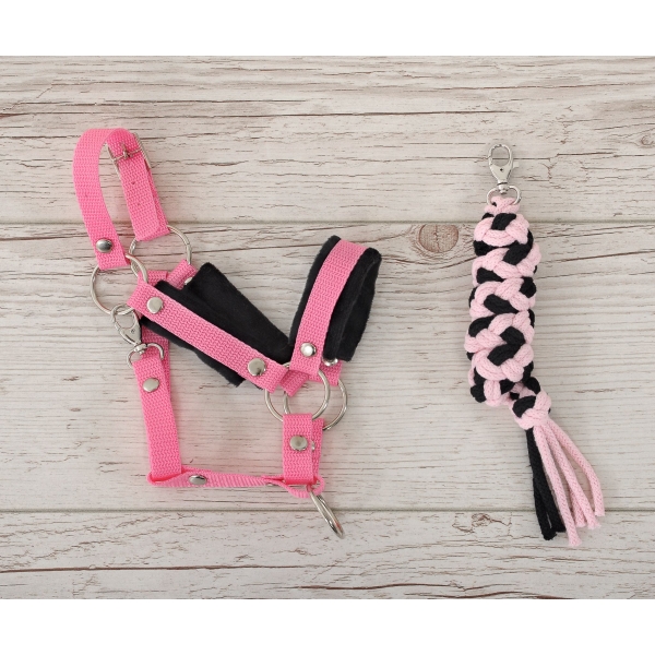 Set  für Steckenpferd: Halfter mit schwarzer Pelz mit Anbindestrick - schwarz-rosa