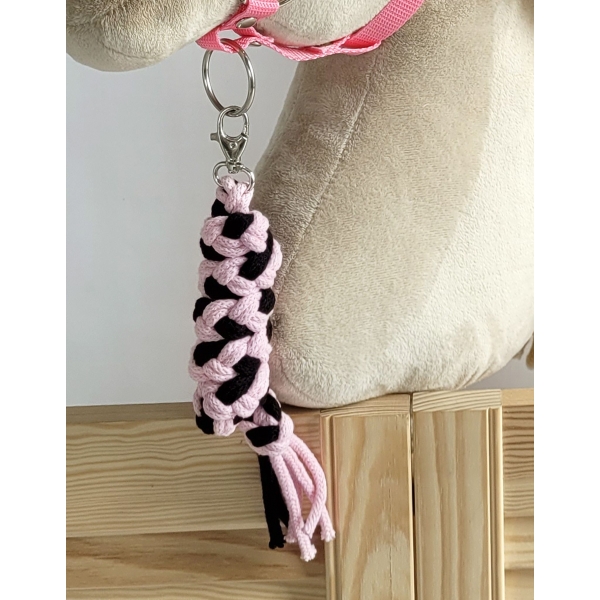 Set  für Steckenpferd: Halfter mit schwarzer Pelz mit Anbindestrick - schwarz-rosa