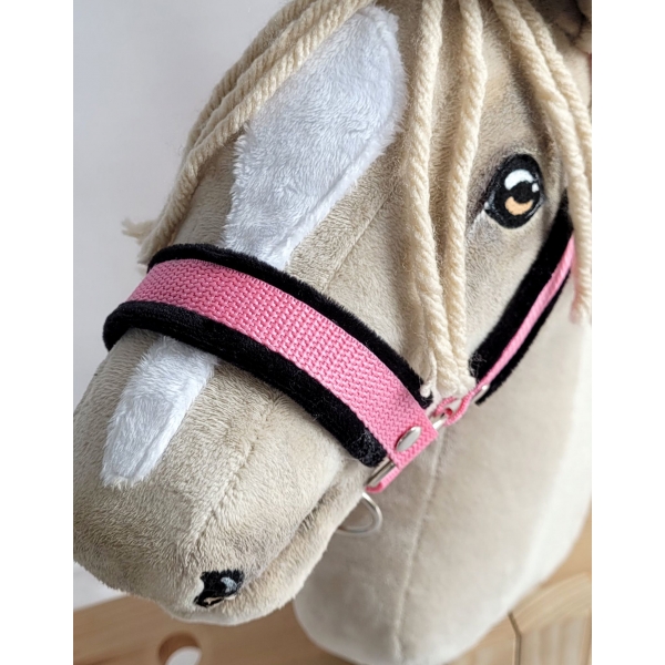 Set  für Steckenpferd: Halfter mit schwarzer Pelz mit Anbindestrick - schwarz-rosa