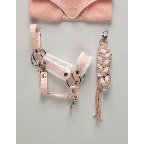 Set  für Hobby Horse: Die Halfter A3 mit weißem Pelz + Halfter aus Kordel -Weiß -powder pink