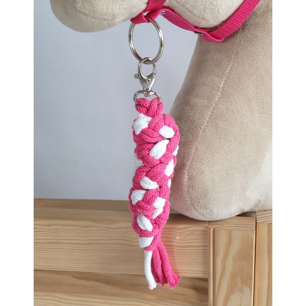 Set für Hobby Horse: Die Halfter A3 mit weißem Pelz + Kordel-Anbindestrick -weiß-dunkelrosa