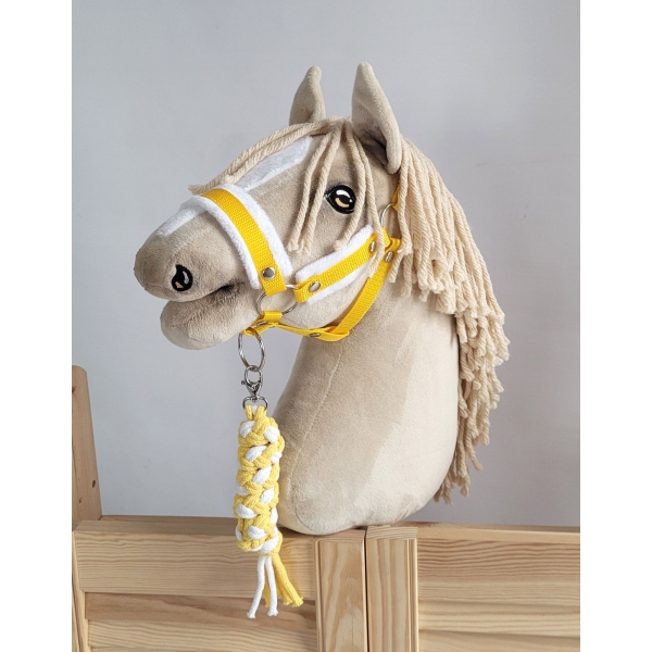 Set für Hobby Horse: Die Halfter A3 mit weißem Pelz + Kordel-Anbindestrick -weiß-gelb