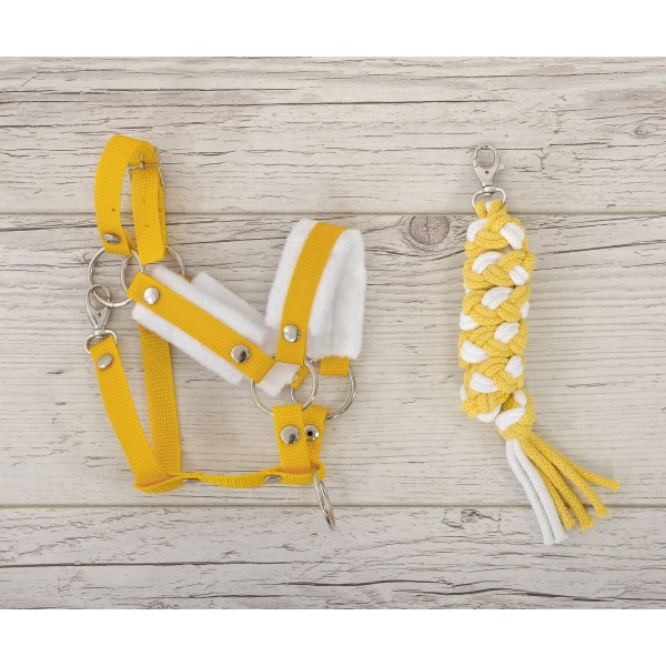 Set für Hobby Horse: Die Halfter A3 mit weißem Pelz + Kordel-Anbindestrick -weiß-gelb