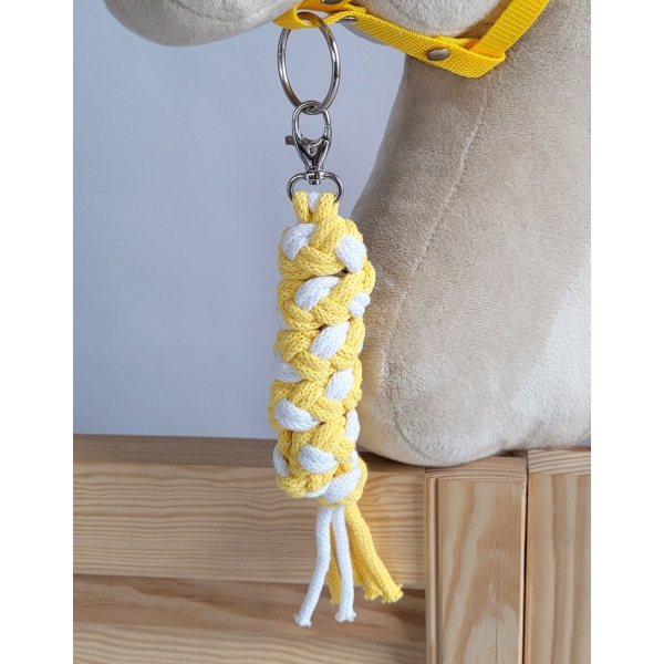 Set für Hobby Horse: Die Halfter A3 mit weißem Pelz + Kordel-Anbindestrick -weiß-gelb