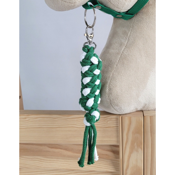 Set für Hobby Horse: Die Halfter A3 mit weißem Pelz + Kordel-Anbindestrick -weiß-grün
