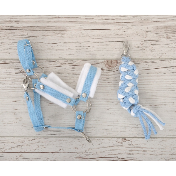Set für Hobby Horse: Die Halfter A3 mit weißem Pelz + Kordel-Anbindestrick -weiß-hellblau