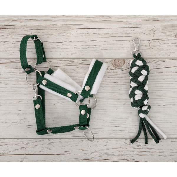 Set für Hobby Horse: Die Halfter A3 mit weißem Pelz + Kordel-Anbindestrick -weiß-khaki