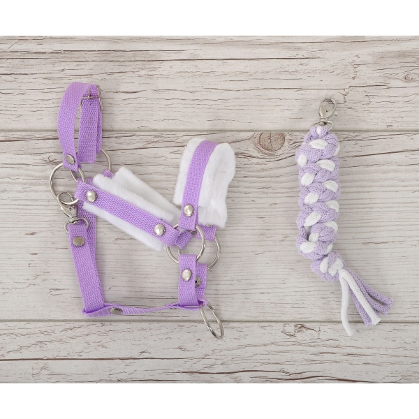 Set für Hobby Horse: Die Halfter A3 mit weißem Pelz + Kordel-Anbindestrick -weiß-lila