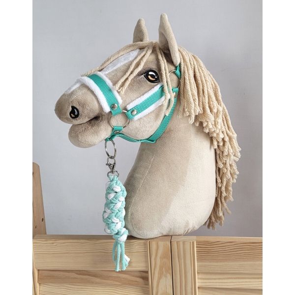 Set für Hobby Horse: Die Halfter A3 mit weißem Pelz + Kordel-Anbindestrick -weiß-minze