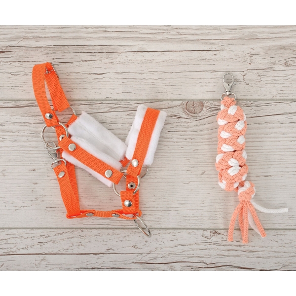 Set für Hobby Horse: Die Halfter A3 mit weißem Pelz + Kordel-Anbindestrick -weiß-orange