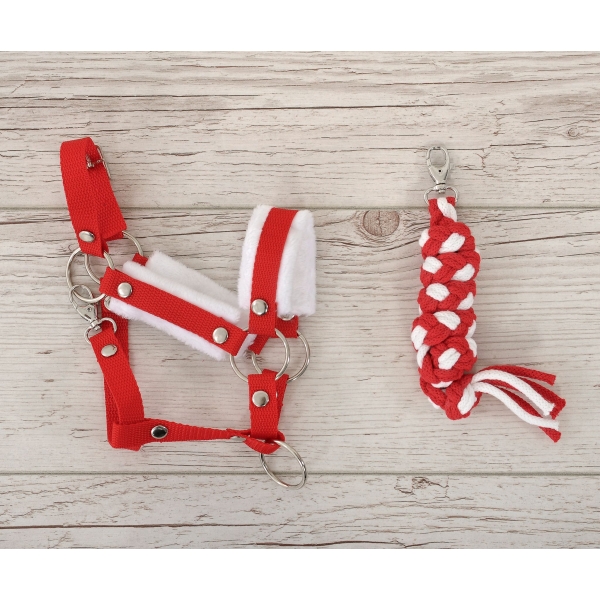 Set für Hobby Horse: Die Halfter A3 mit weißem Pelz + Kordel-Anbindestrick -weiß-rot