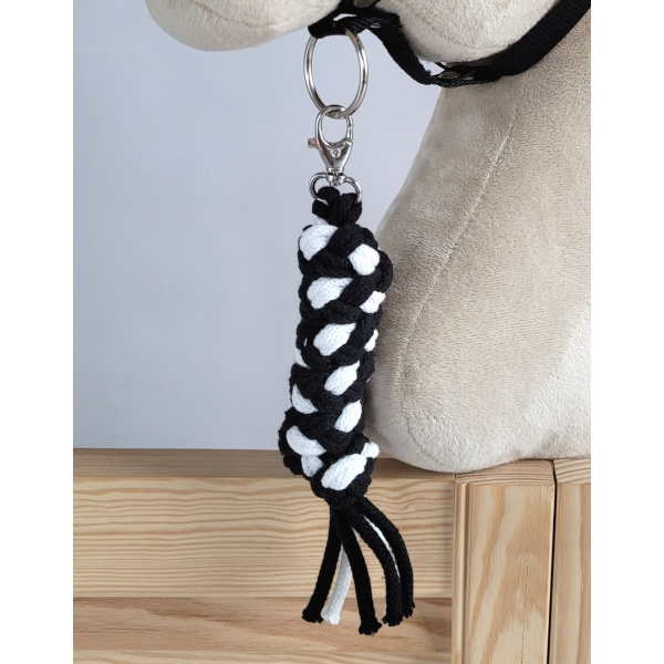 Set für Hobby Horse: Die Halfter A3 mit weißem Pelz + Kordel-Anbindestrick -weiß-schwarz