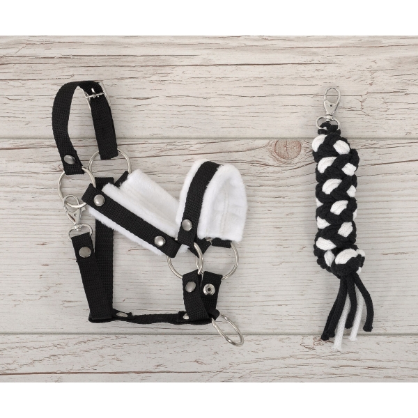 Set für Hobby Horse: Die Halfter A3 mit weißem Pelz + Kordel-Anbindestrick -weiß-schwarz