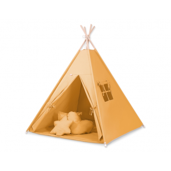 MEGA Set: Teepee Kinderspiel-Zelt+ Spielmatte+ Kissen + Schmuckfedern GRATIS! - honiggelb