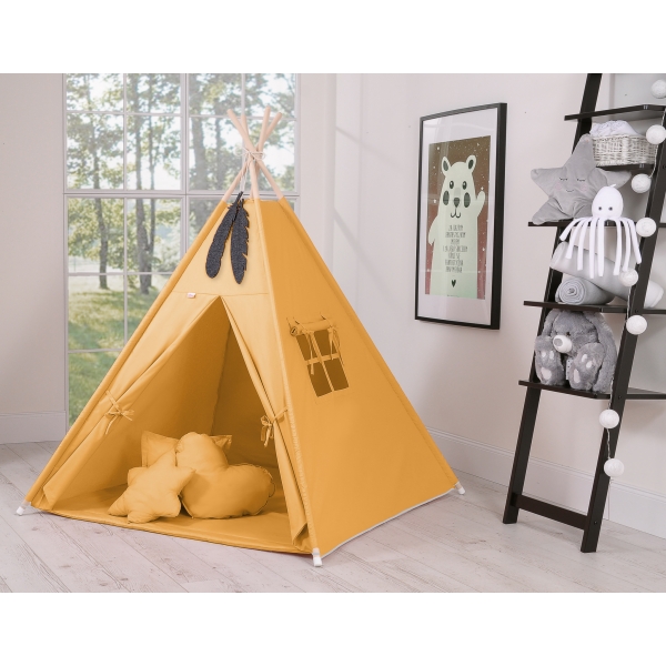 MEGA Set: Teepee Kinderspiel-Zelt+ Spielmatte+ Kissen + Schmuckfedern GRATIS! - honiggelb