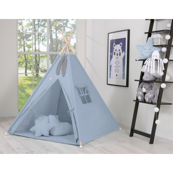 MEGA Set: Teepee Kinderspiel-Zelt+ Spielmatte+ Kissen + Schmuckfedern GRATIS! - Pastellblau