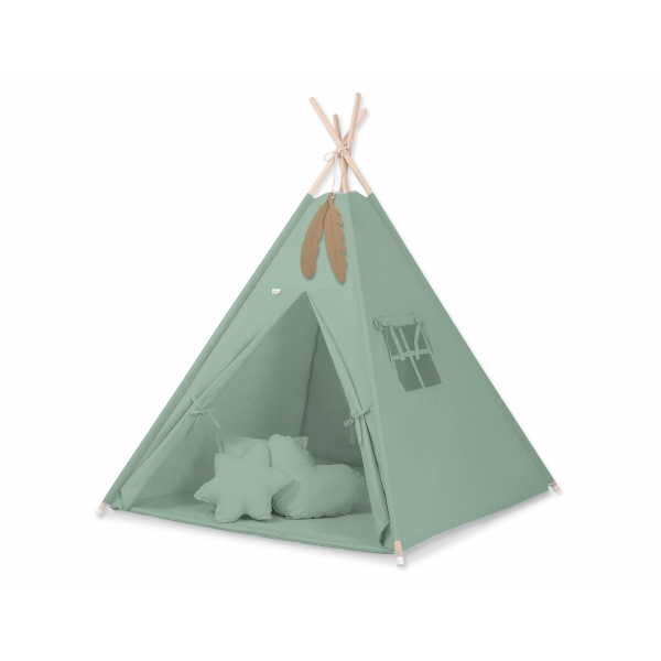 MEGA Set: Teepee Kinderspielzelt Spielmatte Kissen Schmuckfedern GRATIS! - weißgrün